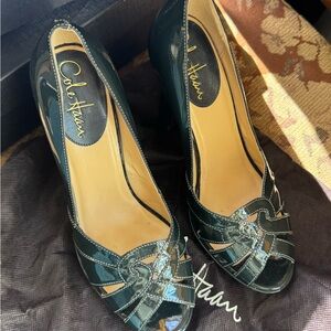 Cole Haan Women's Green Patent Leather Peep-Toe Heels